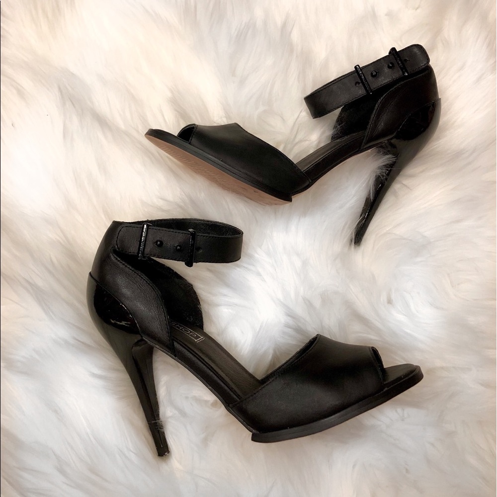Topshop Black Leather Peep Toe Sandal Heels